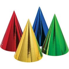 three different colored party hats are in the same color as they appear on each other