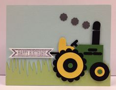 a card with a tractor on it and a happy birthday sign in the middle that says happy birthday