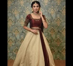 Kasavu Lehenga Wedding, Engagement Dhavani Kerala, Kerala Traditional Lehenga, Lehanga Kerala Style, Engagement Traditional Outfits, Kerala Lehenga Designs, Kerala Style Engagement Dress, Kerala Dhavani Set, Engagement Dress Traditional