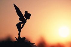 the silhouette of a tinkerbell figurine in front of an orange sunset