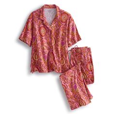 Unwind in classic comfort with our Button-Down Pajama Set. Designed for those who appreciate timeless style and luxurious comfort, these pajamas offer the perfect blend of sophistication and relaxation for a restful night's sleep. Whether you're relaxing at home, getting ready for bed, or enjoying a leisurely weekend morning, our pajamas offer the perfect combination of comfort and flair. Vera Bradley Button-Down Pajama Set in Marrakesh Ibis Rose Pink/Orange 3XL