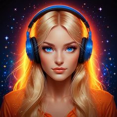 a woman with headphones on her ears and glowing stars in the sky behind her