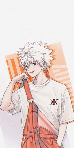 an anime character with white hair and orange suspenders