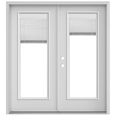 a white double door with blinds on the top and side panels, against a white background