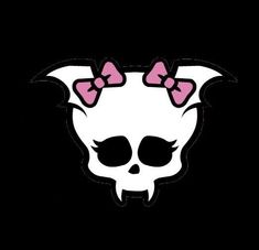 a skull with pink bows on it's head is shown in the dark background