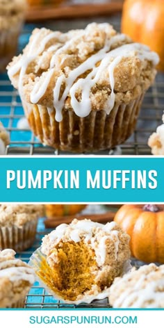 pumpkin muffins with white icing on a cooling rack