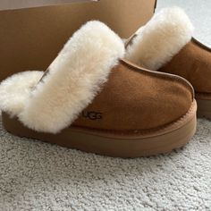 New In Box Ugg Disquette Slipper. Popular Chestnut Color. Never Worn. Sold Out In Store And Online. Size 6. Received For Christmas But They’re Too Small. Ugg Disquette Slipper, Uggs Slippers Platform, Ugh Disquette Slipper, Cute Slippers Aesthetic, Ugg Slippers Aesthetic, Puffy Shoes, Ultra Mini Uggs, Cute Uggs, Brown Slippers