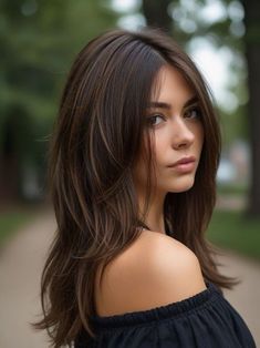 Long Layered Brunette Hairstyles, Medium Long Length Haircut Brunette, Hairstyles For Fine Long Hair, Korean Hair Ideas, 80 Hair, One Length Hair, Layered Haircuts For Medium Hair, Brunette Balayage Hair