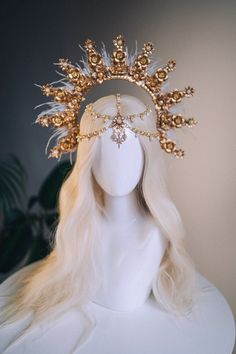 Angel Crown Gold Halo Crown Beige Headband Halloween - Etsy Celestial Halo Headpiece, Floating Angel Halo, Halloween Zip Tie Crown, Aftershow Crown, Amgel Halo, Halo Crown Wedding Hair, Gold Crown For Backdrop, Luxury Gold Costume Hat With Structured Crown, Gold Halo Crown Wedding