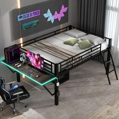 a bed with a computer desk underneath it