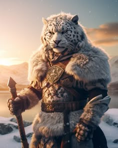 a white tiger dressed in armor and holding a spear standing on snow covered ground with mountains in the background