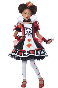 Dress, Fingerless gloves, Leggings, Crown on headband, Choker Deluxe Queen of Hearts Alice in Wonderland Child Costume Product Description: Dress Fingerless gloves Leggings Crown on headband Choker Manufacturer's Size Chart: Returns: To receive return instructions, please open a return request through eBay. Most returns are processed within 1-2 weeks from the day we get it back. All shipping charges (original and return shipping) are the buyer’s responsibility. Returns may take a little longer t Queen Of Hearts Halloween Costume, Queen Of Hearts Halloween, Queen Of Hearts Alice, The Mask Costume, Heart Costume, Queen Of Hearts Costume, White Short Sleeve Dress, California Costumes, Alice In Wonderland Costume