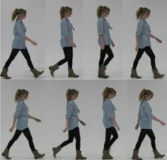 multiple images of a woman walking in various poses and motion steps, all wearing boots