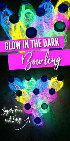 Super Fun Glow in the Dark Bowling for Kids. Glow Sticks Party Ideas, Glow N Dark Party Ideas, Glow In The Dark Bowling Diy, Glow In The Dark Party Ideas Preschool, Glow In The Dark Selfie Station, Glow Party Essentials, Crafts With Glow Sticks, Glow Sticks Games, Glow In The Dark Party Ideas Games