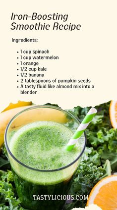 iron boosting smoothie recipe | best smoothie to boost iron | iron boosting smoothie recipes | Smoothies for Low Iron | smoothie to increase red blood cells | Iron-Boosting Orange Green Smoothie High Iron Smoothies, Iron Rich Smoothie, Foods For Migraines, Smoothie Drink Recipes, Juicer Recipes