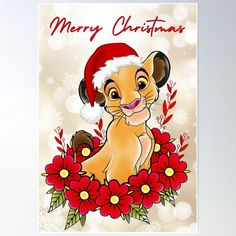 a christmas card featuring a lion cub surrounded by red flowers