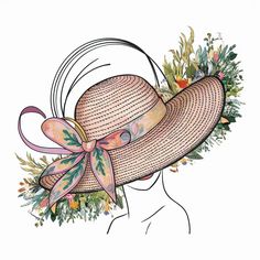 a drawing of a woman's hat with flowers and ribbons on the brim