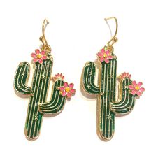 New Cute Enamel And Silver Tone Cactus Charm Is Approx 1 1/4” X 3/4” Rice Pearl Earrings, Green Pink Flowers, White Hoop Earrings, Flamingo Earrings, Medium Hoop Earrings, Cactus Earrings, Elephant Earrings, Polymer Earrings, Green Cactus