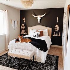 a dog laying on top of a bed in a bedroom