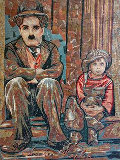 a painting of a man sitting next to a child