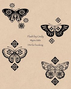 four butterflies with different designs on them and the words flashy by candy, you're