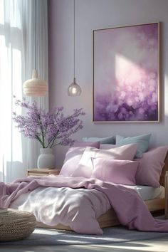 a bed with purple sheets and pillows next to a painting on the wall above it