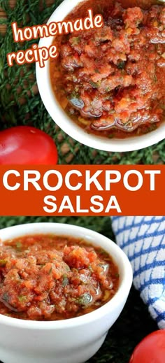 homemade crockpot salsa recipe with tomatoes in the background and text overlay that reads, homemade crockpot salsa