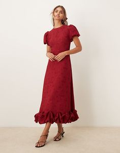 Sister Jane puff sleeve bubble hem maxi dress in burgundy | ASOS Sister Jane Dress, Sister Jane, Bubble Hem, Pretty Blouses, Jane Dress, Spring Floral Dress, Dress Bra, Maxi Dress Trend, Orange Dress