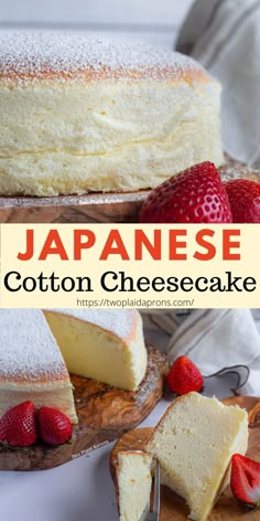 japanese cotton cheesecake with strawberries and powdered sugar on the top, cut into slices