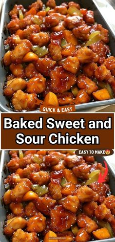 baked sweet and sour chicken in two pans with text overlay that reads, baked sweet and sour chicken