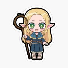 a cartoon character with blonde hair and green eyes holding an old fashioned key sticker