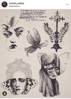 an old book with drawings of women's faces and butterflies on it, all in black and white