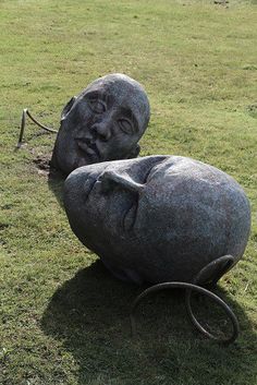 two stone heads sitting on top of a grass covered field