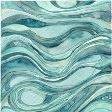 an abstract painting with blue and green waves in the water, on a white background