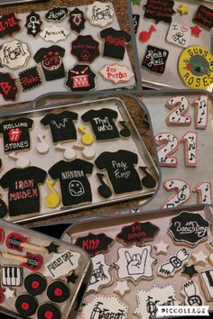 several decorated cookies in tins with numbers and designs on them, including t - shirts