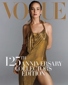 a woman in a gold dress is featured on the cover of an issue of magazine