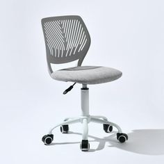 an office chair with wheels and a seat cushion on the back is shown in front of a white background