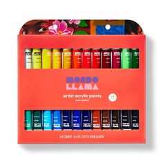 an orange box with twelve different colored paints in it and the words mama llana written on