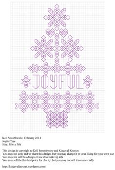 a cross stitch christmas tree with the word joy written in purple and white on it