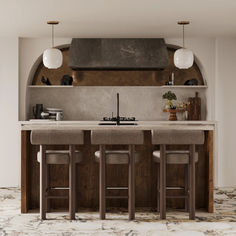 an image of a kitchen setting with bar stools and countertop area in the background