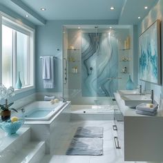 a large bathroom with two sinks and a bathtub next to a window in it