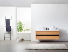 a bathroom with two sinks and a towel rack