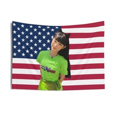 a girl in front of an american flag