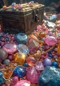 there are many different colored stones on the ground next to a chest and trunk that is surrounded by gold chains