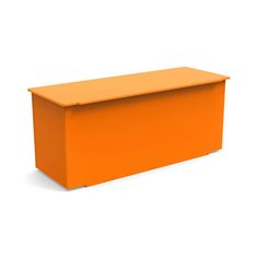 an orange storage box sitting on top of a white floor