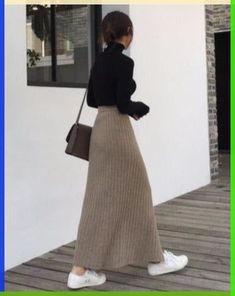 Material: 100% Acrylic The Elegant Cozy Rib Japanese Women Winter Fashion, Knit And Skirt Outfits, Ribbed Long Skirt Outfit, Business Casual Outfits Skirts Midi, Knitted Maxi Skirt Outfit, Cozy Long Skirt Outfits, Maxi Knit Skirt Outfit, Longer Skirt Outfits, Max Skirt Outfits