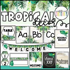 the tropical alphabet and numbers are shown in this printable poster, which is also available for