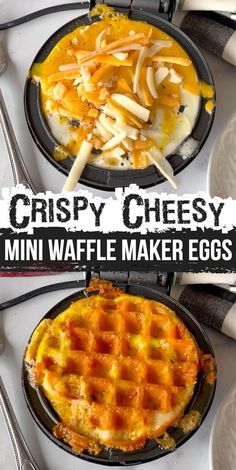 two waffles with cheese on top and the words crispy cheesy behind them