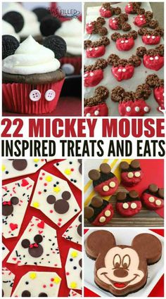 mickey mouse inspired treats and eats are featured in this collage with text overlays that reads, 22 mickey mouse inspired treats and eats