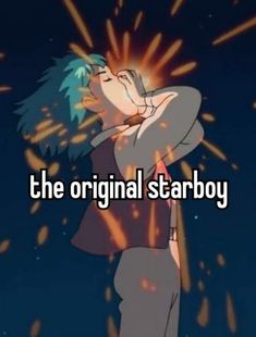 the original starboy character is kissing his face with fireworks in the sky behind him